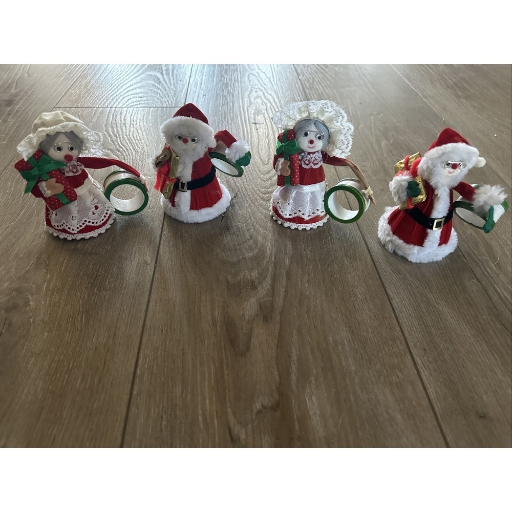 Vintage Felt‎ Santa Mrs Claus Christmas Napkin Rings Set Of 4 Taiwan *read Desc